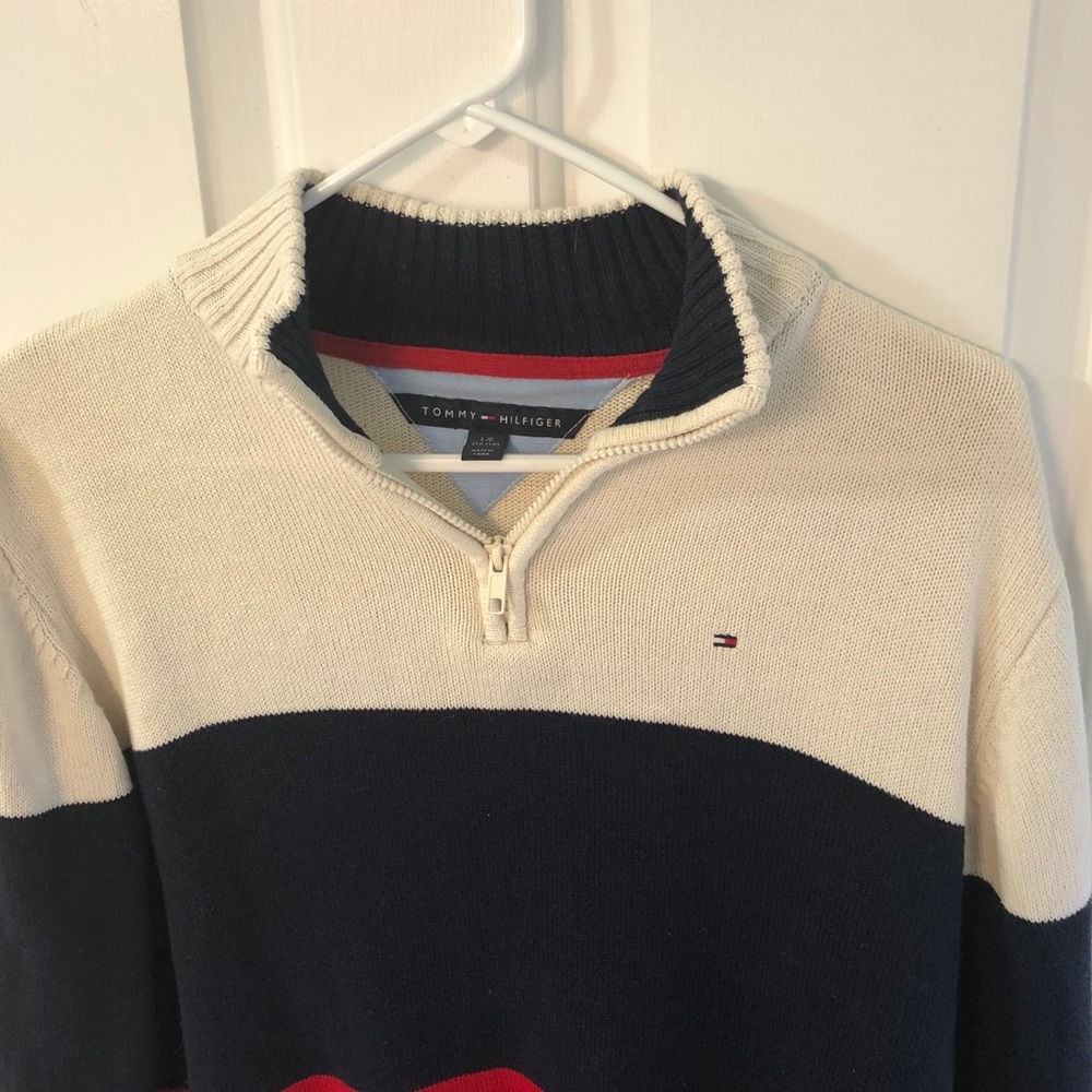 Tommy Hilfiger quarter zip sweater, boys’ Sz 16/18, red, off-white and blue - Picture 2 of 6